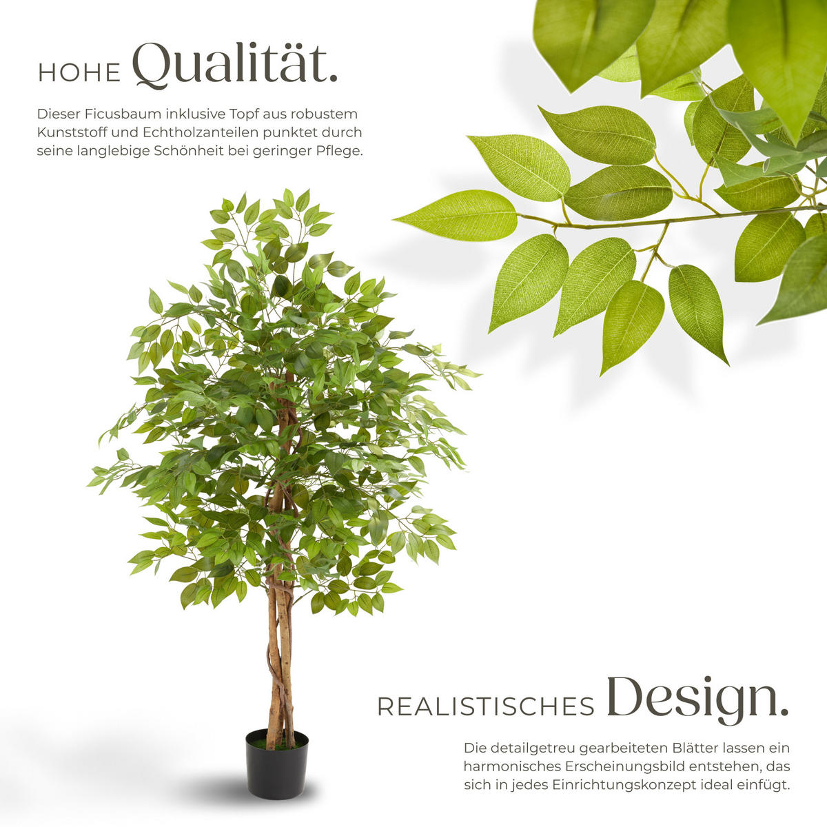 KÜNSTLICHER-FICUSBAUM Fida,stabiler Kunststoff-Blumentopf,grün - Grün, Kunststoff (160cm) - tectake