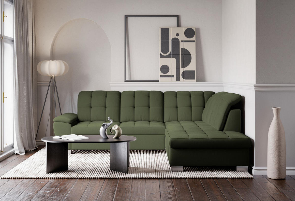 ECKSOFA Jamaal Khaki rechtsseitig - Schwarz/Grün, Textil (258/212cm) - Selsey