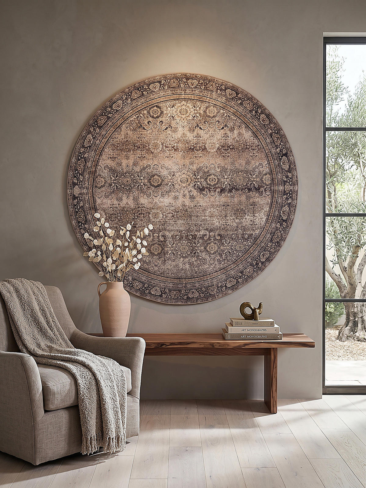 TEPPICH Kurzflor, waschbar, mit floralen Ornamenten, VERNANTE in Braun-Grau, Ø 120 cm - Braun, Textil (120/120cm) - KADIMA DESIGN