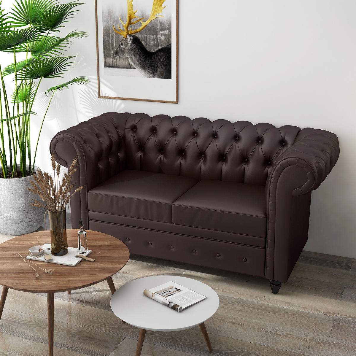 SOFA, 2-Sitzer, Chesterfield, abnehmbare Kissen, Kunstleder, braun, 160x84x80cm - Multicolor, Holzwerkstoff (160/80/84cm) - FORIOUS