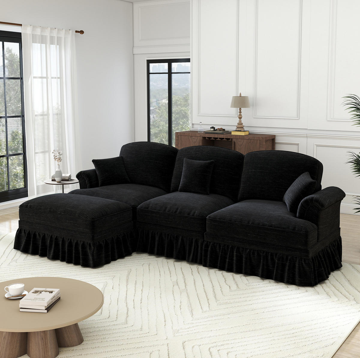 ECKSOFA 272/140/93 cm schwarz aus Chenille mit abnehmbarem Volant und beweglichem Hocker - Schwarz, Textil (140/272cm) - OKWISH