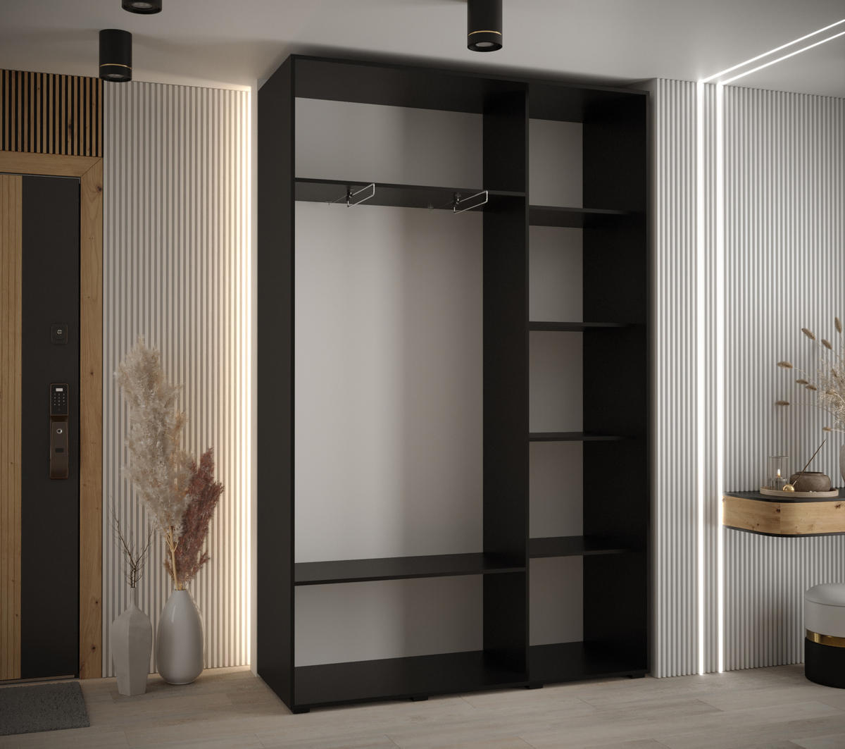 SCHWEBETÜRENSCHRANK 205,2/150/45 3-türig - Schwarz/Weiß, Holz/Metall (150/205.2/45cm) - Abiks Möbel