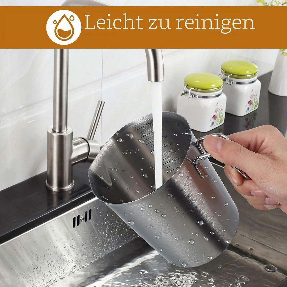 MESSBECHER Edelstahl 1 Liter mit Messskalen und Ausgießer - Silberfarben, Metall (1L)