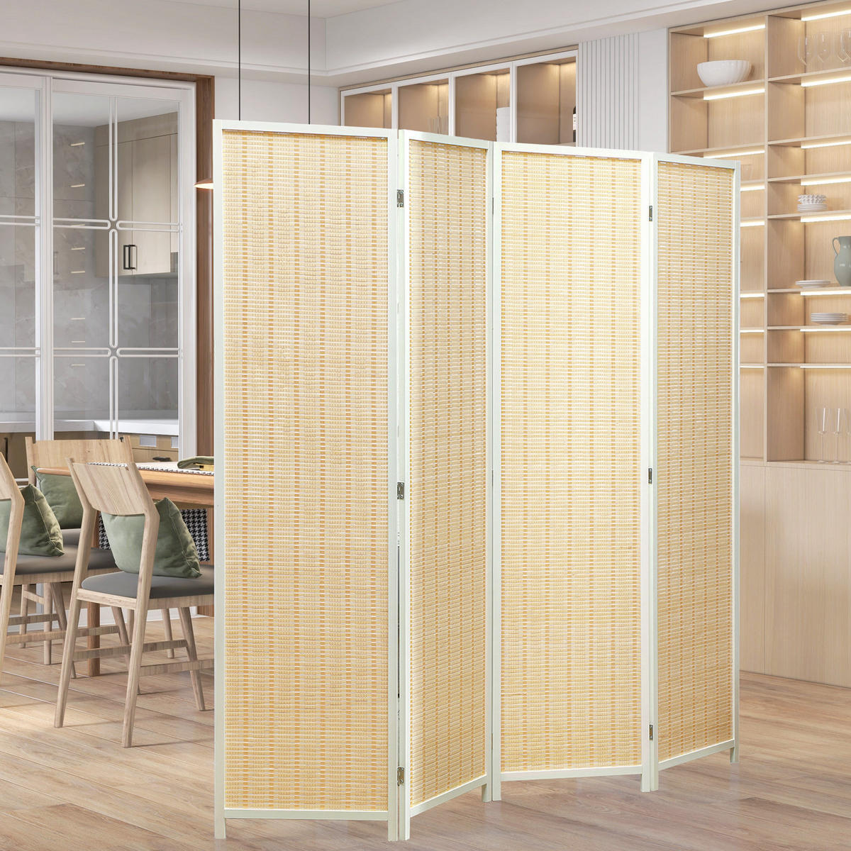 PARAVENT DE-14278 4-teilig, 180x180 cm, Faltbar Naturholz - Weiß, Naturmaterialen (180/180/1.7cm) - ComfortXL
