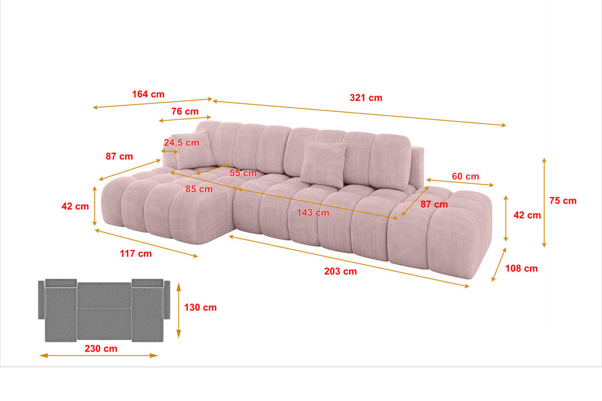 ECKSOFA mit Schlaffunktion Ottomane Links OLEA-L2 321x164x75 Rosa Cord - Schwarz/Rosa, Holzwerkstoff/Kunststoff (321/164cm) - ALTDECOR
