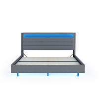 ČALÚNENÁ posteľ z ľanovej tkaniny 140x200 cm sivá s USB portom, LED osvetlením a úložným čelom - sivá, textil (140/200cm) - Modfu