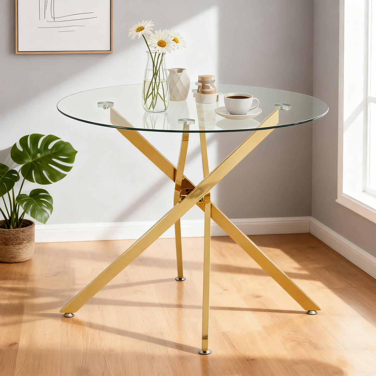 ESSTISCH 80/80/76 cm goldfarben aus Glas mit Kreuzfußgestell - Goldfarben, Metall (80/80/76cm) - OKWISH