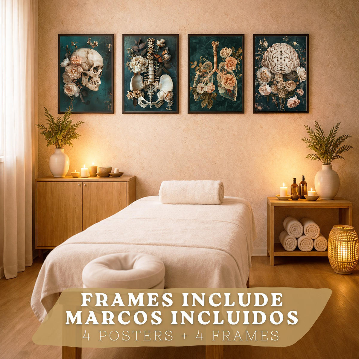 POSTER Set aus 4 Anatomie Mensch Drucke und mit Schädel Gehirn Lungen Luftröhre Bronchien Becken Wirbelsäule Florales Größe Schwarzer Rahmen A3 - Schwarz, Papier (29.7/42/3cm) - Nacnic