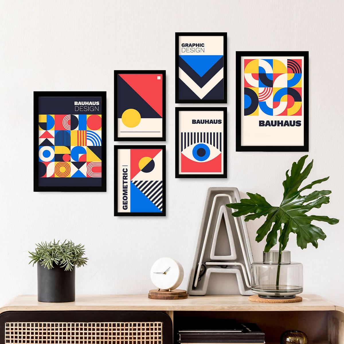 POSTER Set Mit 6 Drucken Im Bauhaus 4 Geometrische Designkollektion Drucke Mit Ästhetische Dekorative Rahmen Für Zuhause A3 & A4 Schwarzer Rahmen - Schwarz, Papier (29/3cm) - Nacnic