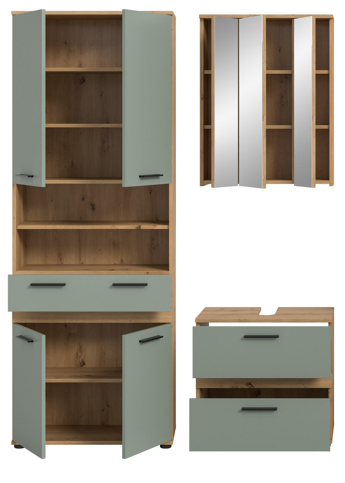 BADMÖBEL-SET 3-teilig Salbei grün, Artisan Eiche 145 x 191 cm, Badkombination mit viel Stauraum - Salbeigrün/Schwarz, Glas/Holzwerkstoff (145/191/34cm) - Inn.Furn