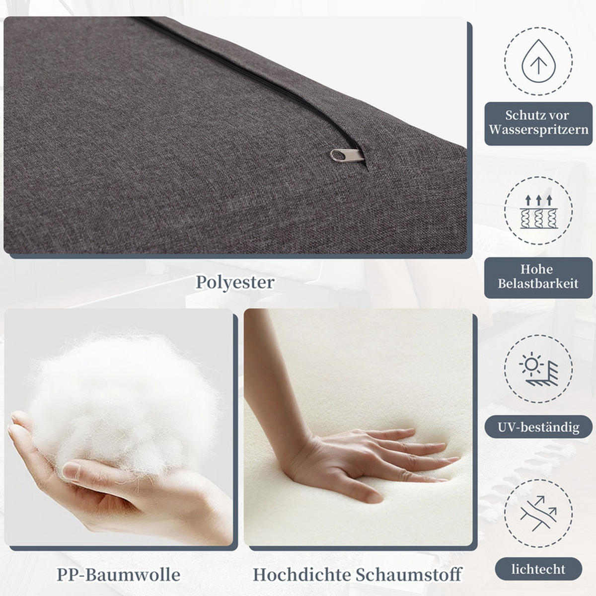 GARTEN-ESSGRUPPE GRAU mit 5-stufig verstellbarer Lehne und Kunststoff-Holz-Tisch - Grau, Textil - BLACKCUP