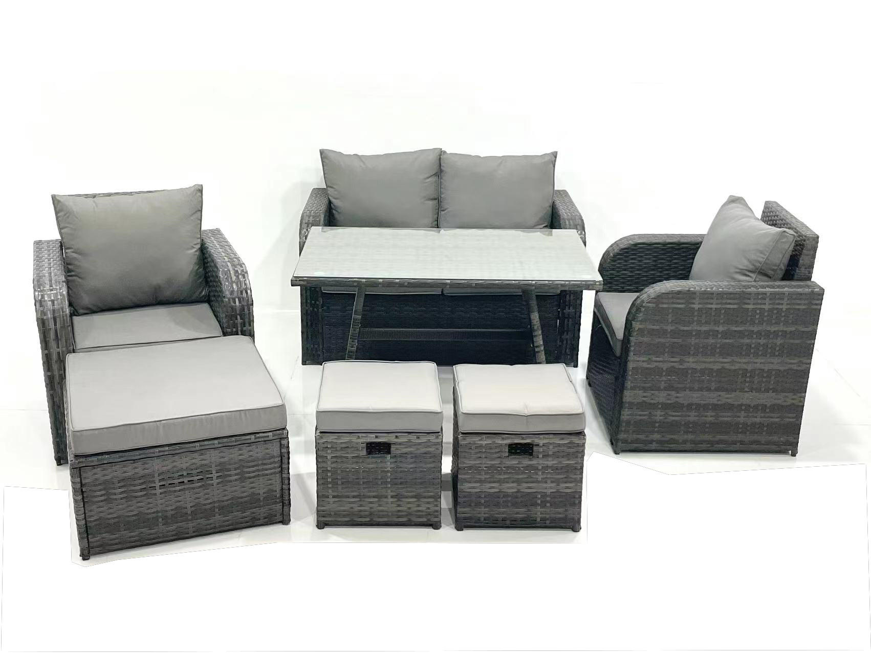 GARTENMÖBEL SET mit COUCHTISCH Polyrattan Dunkelgrau 7-Sitzer - Dunkelgrau/Grau, Glas/Kunststoff - Fimous