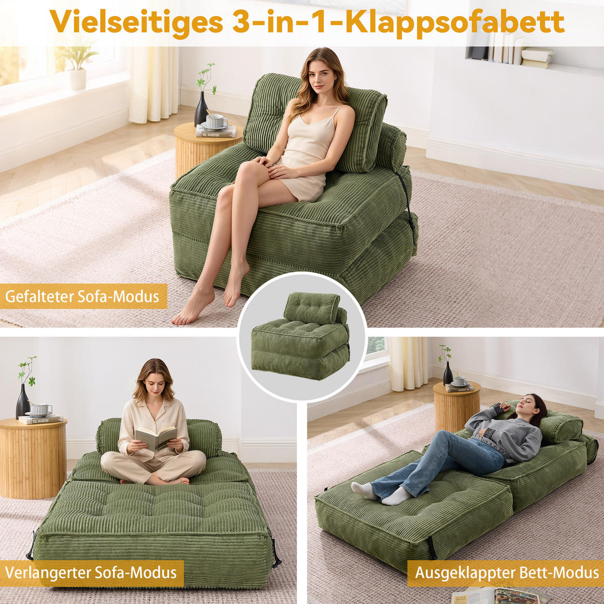 SCHLAFSESSEL 2-in-1 aus weichem Cord, klappbar als Loungesessel und Gästebett - Grün, Kunststoff (85/85/85cm) - Urban Meuble