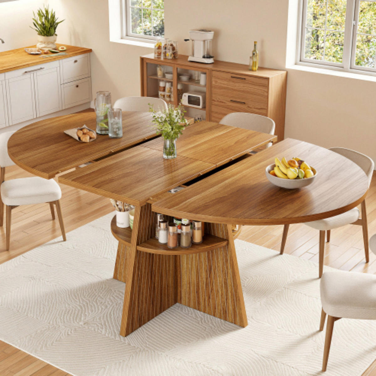 ESSTISCH Ausziehbarer 110-150×110×76 cm aus MDF und Metall mit Säulenfüßen und unterer Ablage, dunkelbraun - Dunkelbraun, Holzwerkstoff (150/110/76cm) - Luhomfu