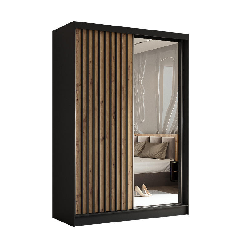 SCHWEBETÜRENSCHRANK Erika 150 cm mit Lamellen und Spiegel 2-türig, schwarz, Artisan, Lamelle schwarz - Schwarz/Braun, Kunststoff (150/216/51cm) - Margaret Hadas24