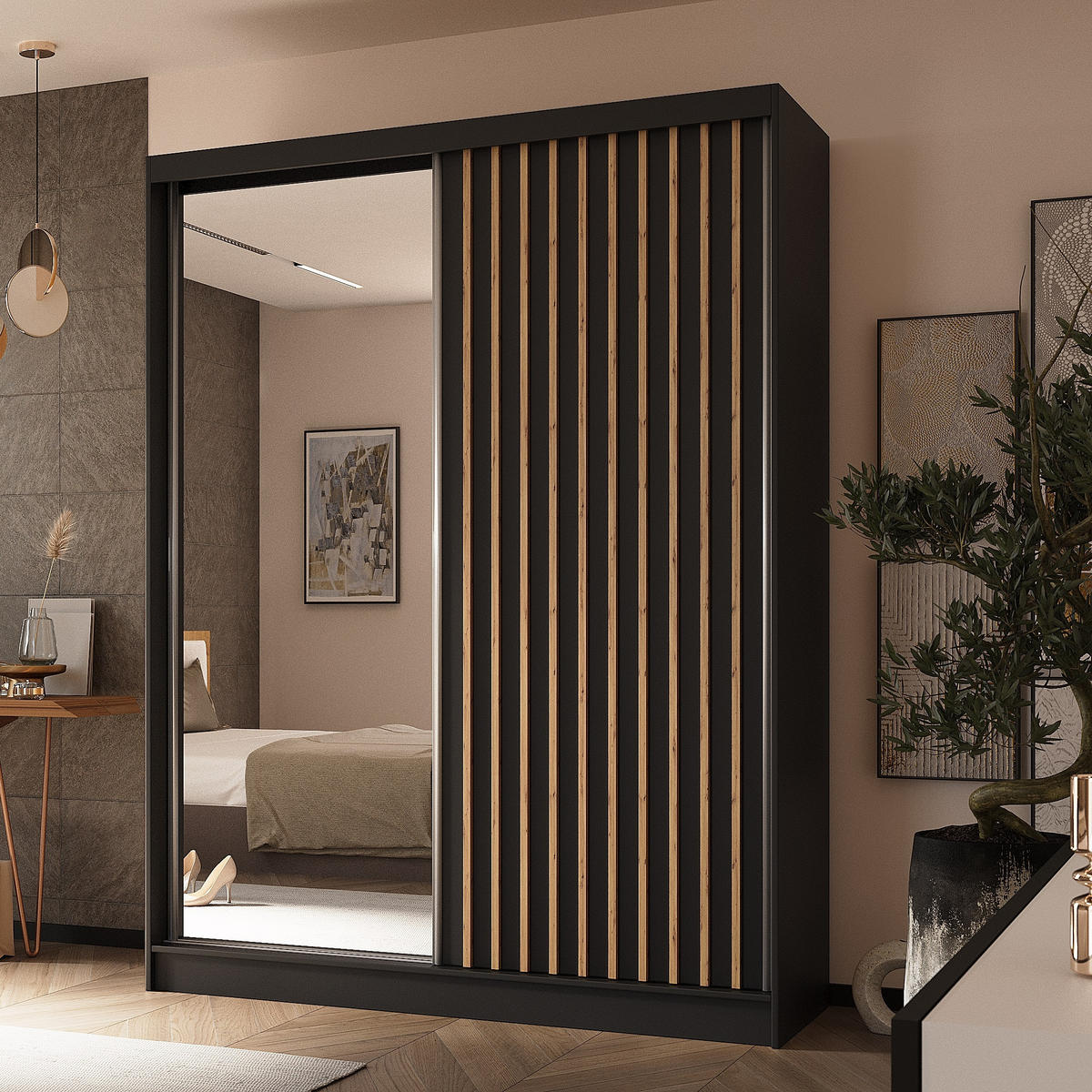 SCHWEBETÜRENSCHRANK LAMELLO 160/216/61 cm 2-türig mit Spiegel Schwarz - Schwarz, Holzwerkstoff (160/216/61cm) - MASSENO