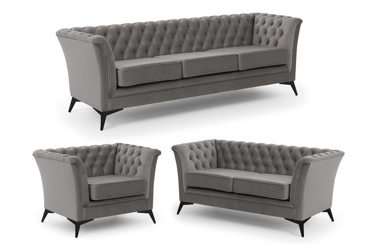 SITZGARNITUR 3+2+1 Chesterfield Whitby Grau Samt mit schwarzen Füßen - Schwarz/Grau, Holz/Textil (237/78/82cm) - S-Style Möbel
