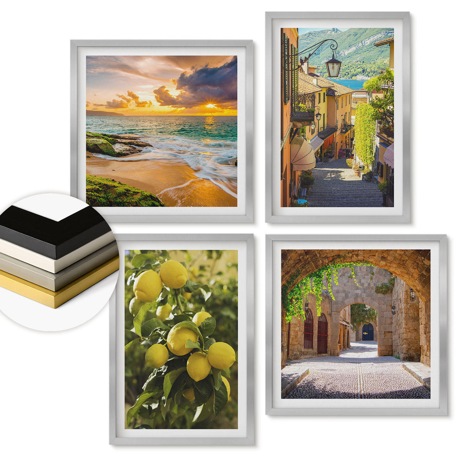 WANDBILDER 4er Set - 50x50 cm & 40x60 cm Silberner Rahmen - Malerische Straßen am Meer, Strand - Silberfarben, Kunststoff (50/50cm) - ArtPrintCave
