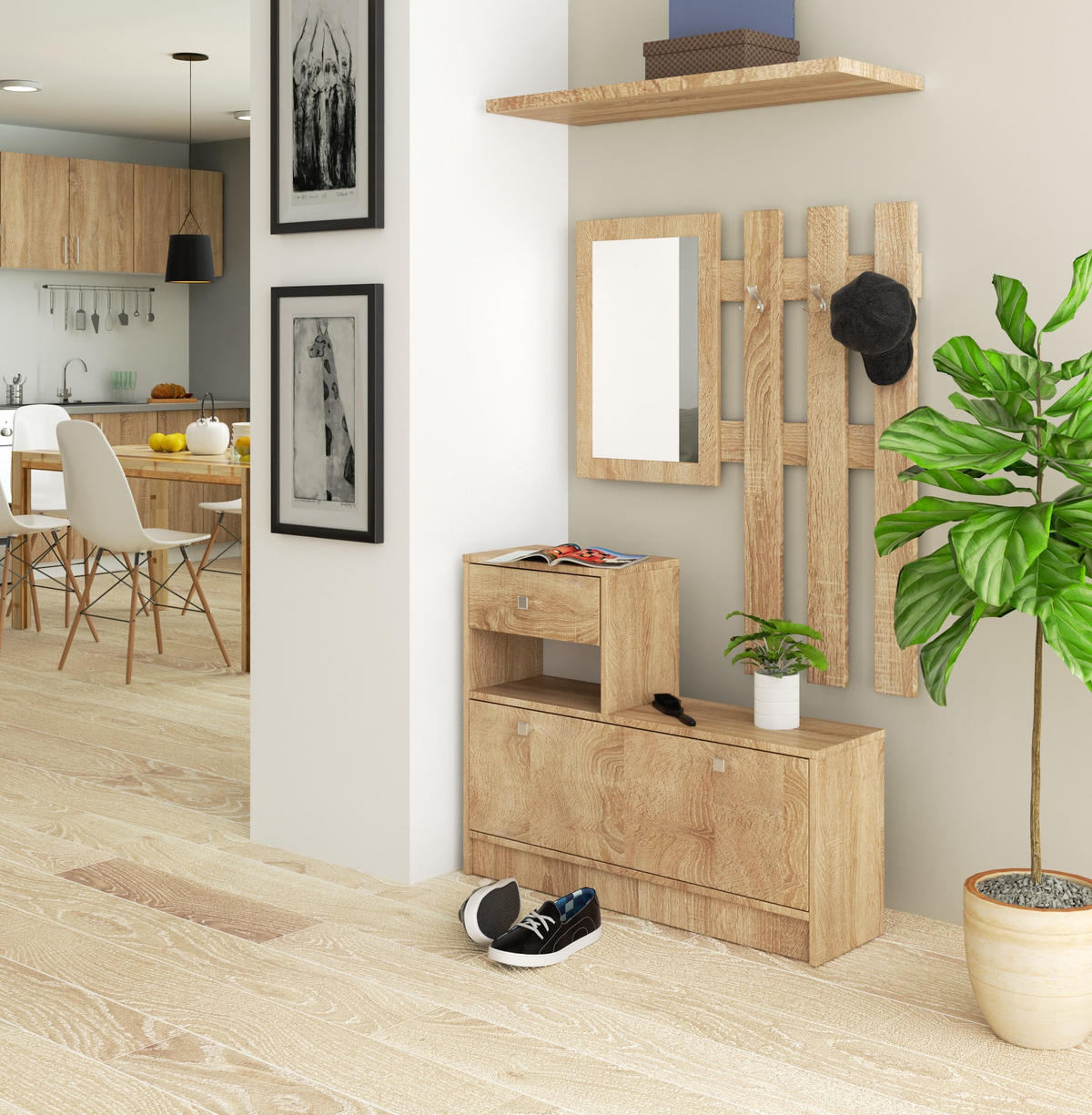 GARDEROBEN-SET, Sonoma, B90 x H100 cm - Sonoma Eiche, Holz (25/170/90cm) - Milordbikes