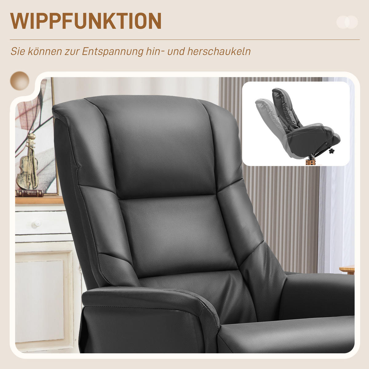 RELAXSESSEL mit Hocker, Fernsehsessel mit Liegefunktion, Wippfunktion, Schwarz - Schwarz, Leder/Holz (84/102/71cm) - HOMCOM