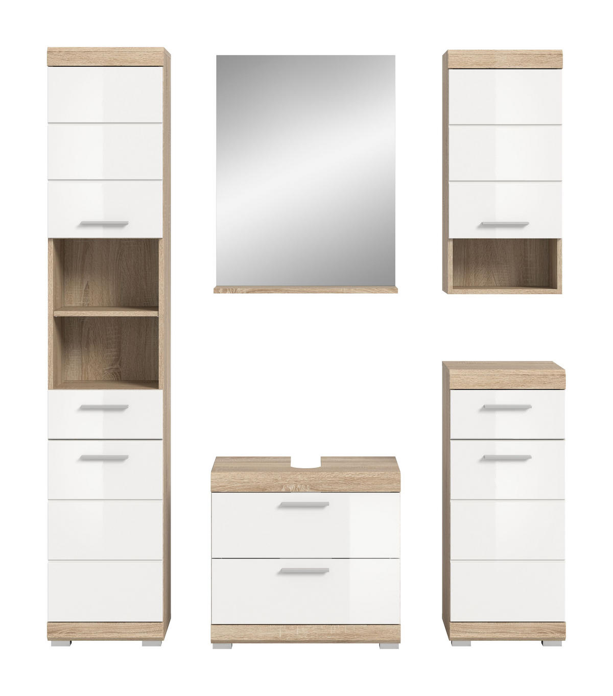 BADKOMBINATION 5tlg. Lambada Bad in Sonoma Eiche hell und weiß hochglanz B/H/T: 164x191x34 cm - Sonoma Eiche, Holz (164/191/37cm)