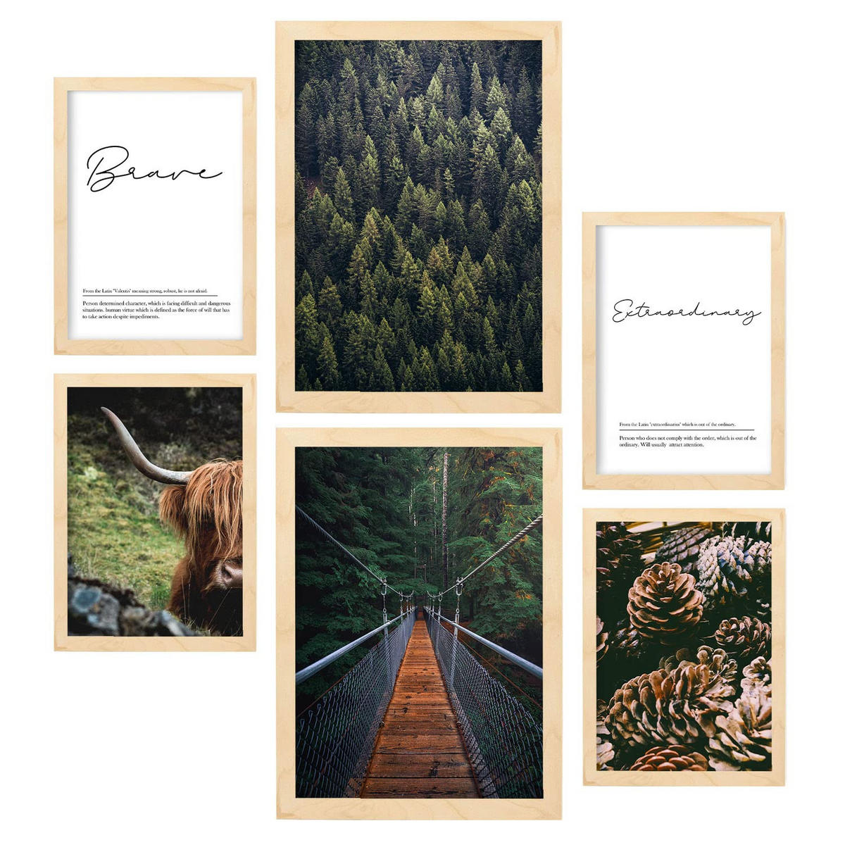 POSTER Set Mit 6 Usa Winter Wandbild A3 & A4 Rahmen Aus Hellem Holz - Beige, Papier (29/3cm) - Nacnic