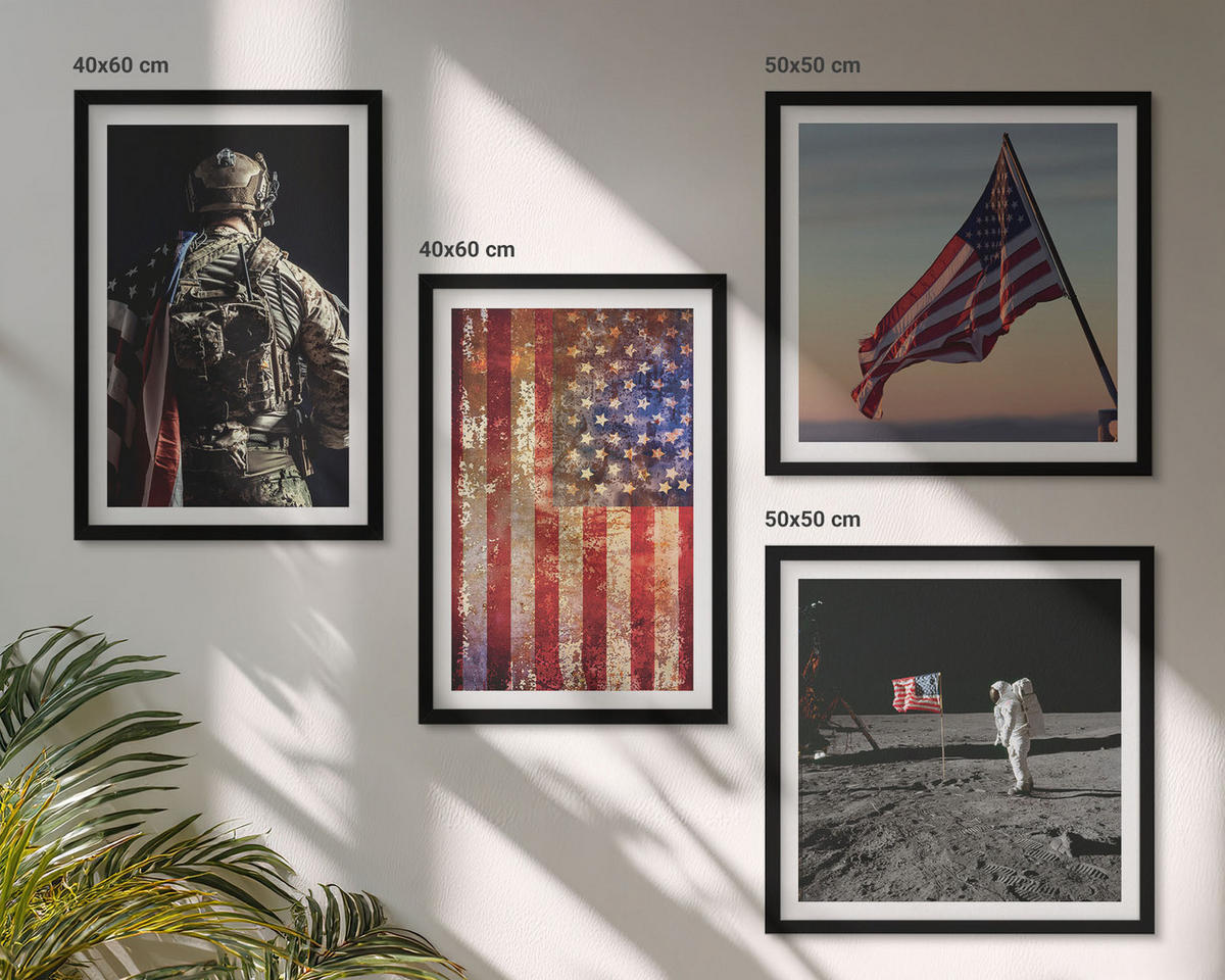 BILDER SET 4er Set - 50x50 cm & 40x60 cm Schwarzer Rahmen - Amerikanische Symbole, USA-Flagge - Schwarz, Kunststoff (50/50cm) - TULUP