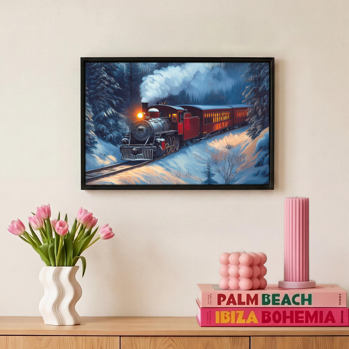 LEINWAND Bilder mit Rahmen - Zug - Weihnachten - Schnee - Weihnachtszug - 30x20 - Anthrazit, Textil (30/20cm) - MuchoWow