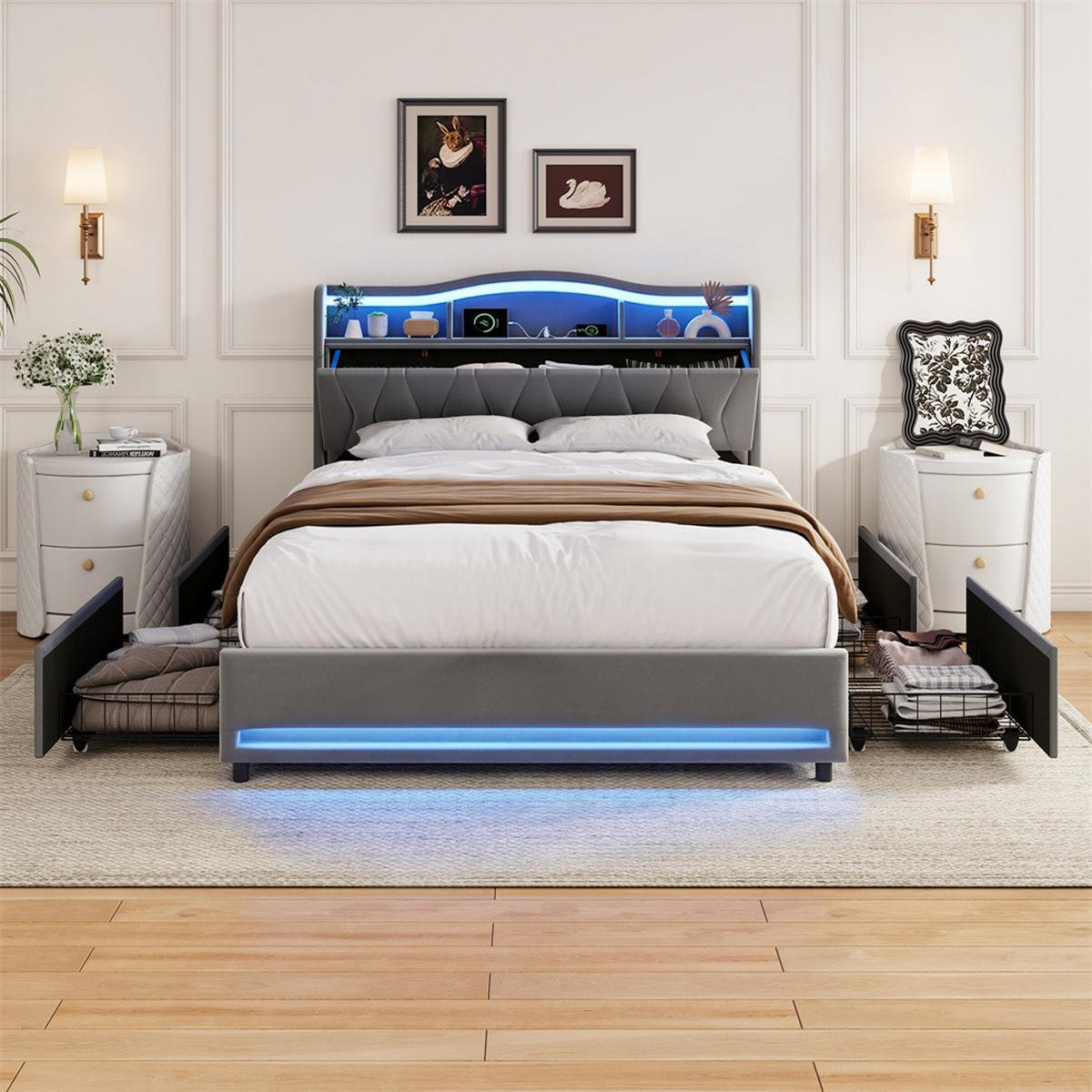 POLSTERBETT 160x200cm - Doppelbett mit 4 Schubladen - RGB-LED-Beleuchtung - Stauraum-Kopfteil - ohne Matratze - Grau - Grau, Textil (160/200cm) - DELFA