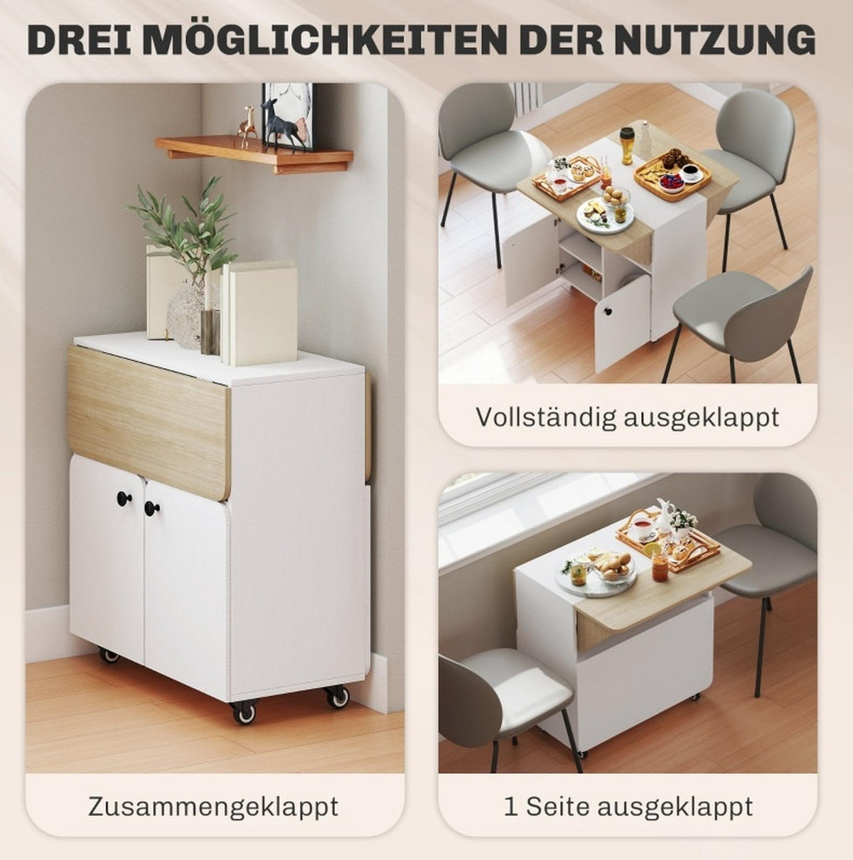 KLAPPTISCH 70/83/75 cm mit 2 Klappseiten, Stauraum und 4 Rollen, Weiß - Weiß, Holz (70/83/75cm) - Redom