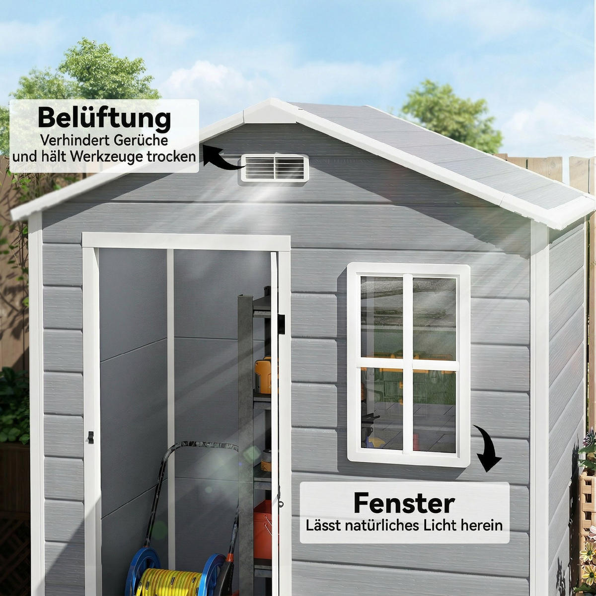 GERÄTEHAUS DE-08142 mit Satteldach & abschließbarer Tür - Grau, Kunststoff (121/200/182cm) - ComfortXL