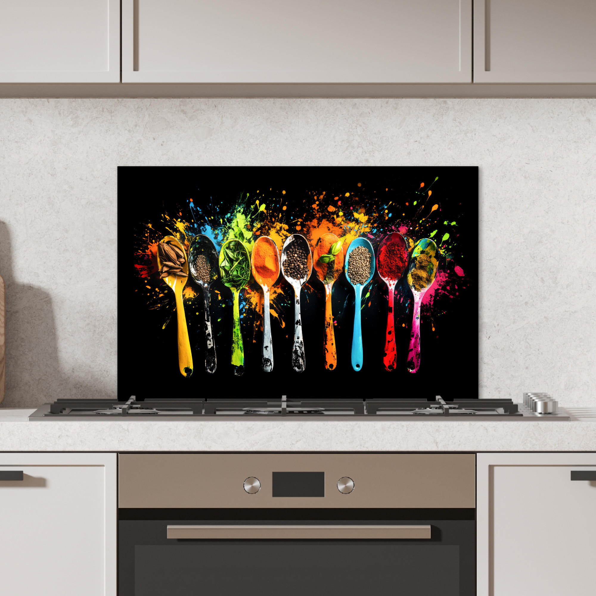 SPRITZSCHUTZ KÜCHE Löffel - Gewürze - Modern - Graffiti - Farbe - Farbenfroh 70x50 cm - Multicolor, Metall (70/0.3/50cm) - MuchoWow