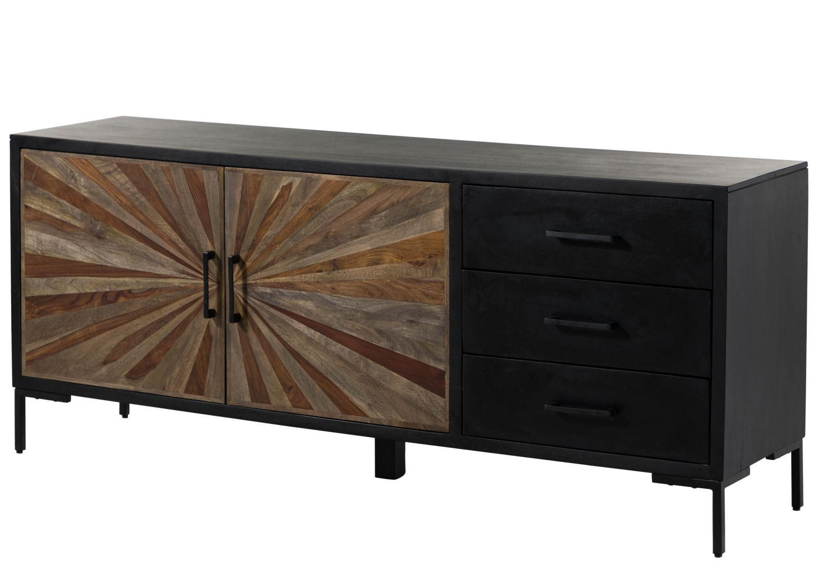SIDEBOARD Sheesham 178x45x75 schwarz lackiert SUN #100 - Schwarz, Holz (178/75/45cm) - Massivmoebel24
