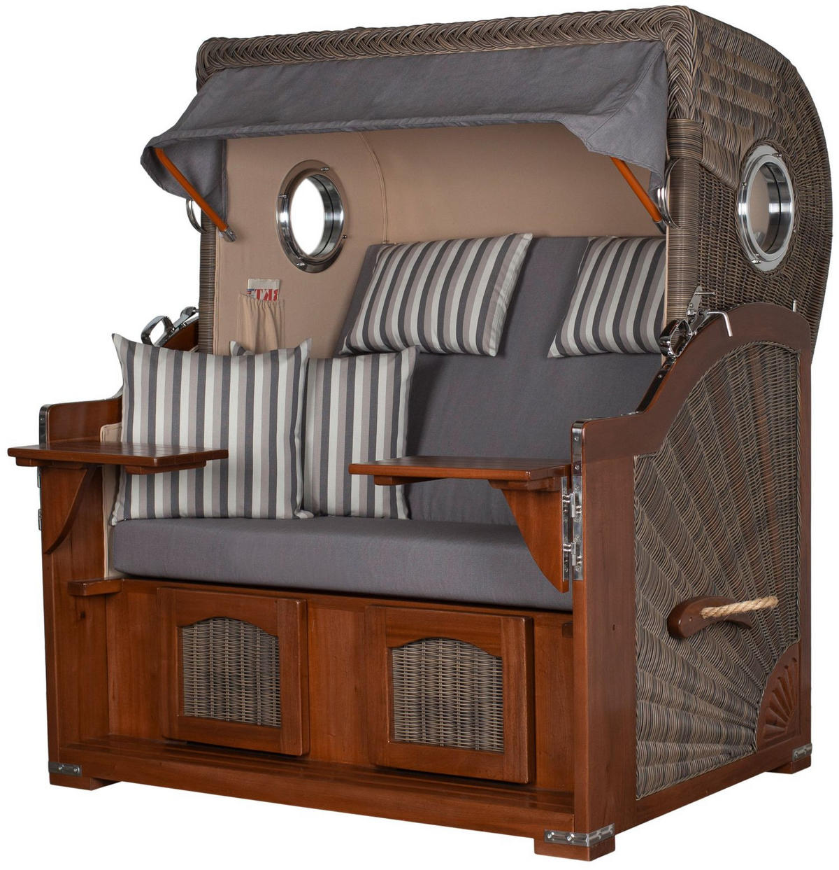 STRANDKORB Komplettset: Ammersee Grande XL Mahagoni Bullauge - PE grau - Modell 544 - Grau, Holz/Kunststoff (142/165/95cm) - bene living