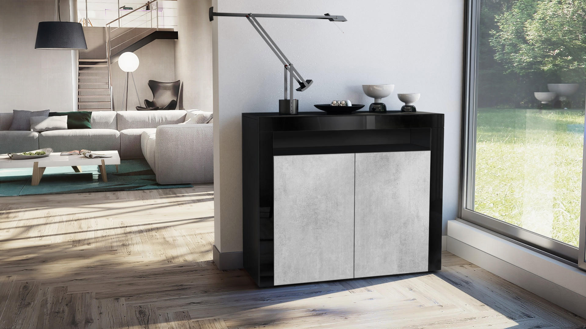 KOMMODE Valencia Beton Oxid Optik/ Schwarz Hochglanz - Schwarz Hochglanz/Hellgrau, Holzwerkstoff (108/92/40cm) - Vladon