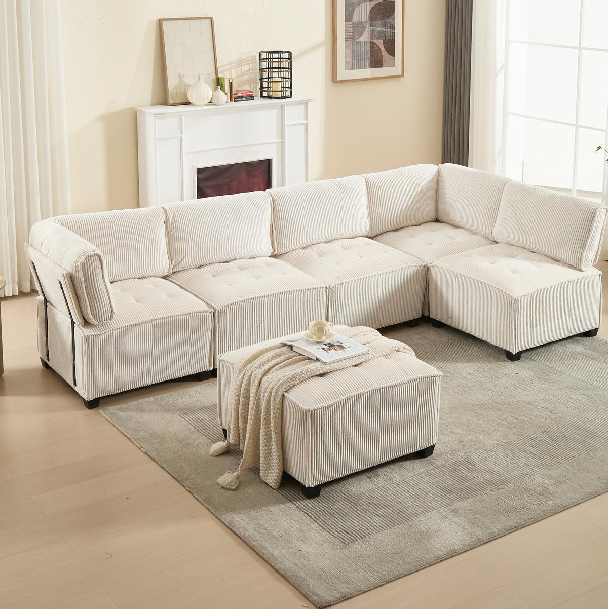 SOFA modular 308 x 154 cm Cord Beige 6-Sitzer - Beige, Kunststoff (154/82/308cm) - Meubliv