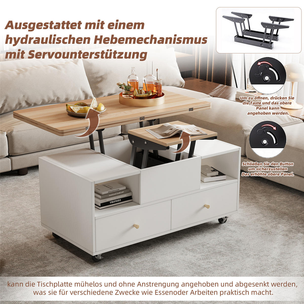 COUCHTISCH klappbar 4 Schubladen Rollen 100/50/47,5 cm - Weiß, Holz (100/50/62cm) - Kaket