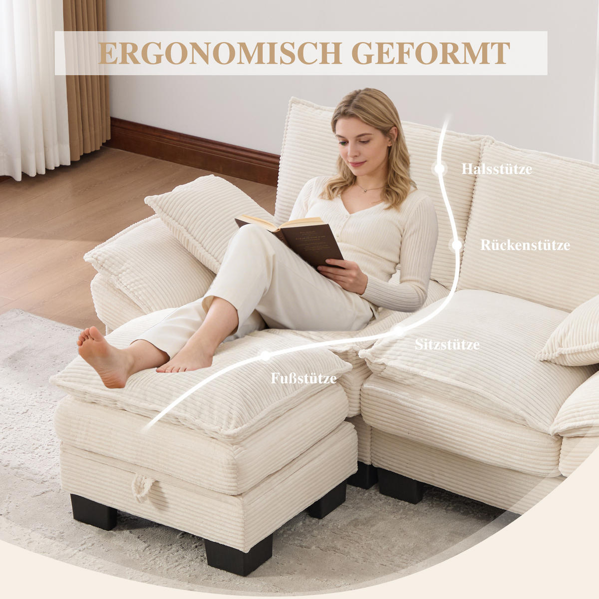 2-SITZER SOFA Cord Beige mit Hocker, USB-C und Seitentaschen - Beige, Holzwerkstoff/Kunststoff (190/132cm) - WISHDOR