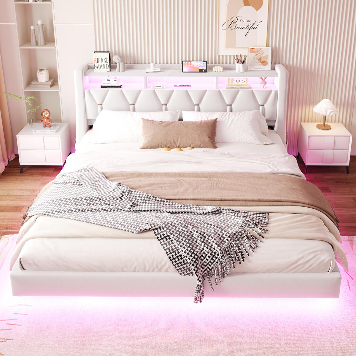 ČALOUNĚNÁ postel 180/200 cm béžová z sametu s LED osvětlením, USB a úložným čelem - béžová, textil (180/200cm) - OKWISH