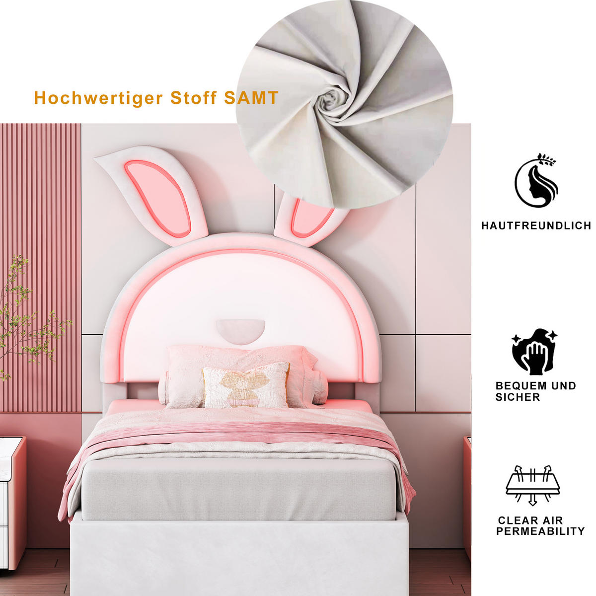 KINDERBETT 90x200 Samtstoff LED Ausziehbar Stauraum Beige - Beige, Holzwerkstoff - FLIEKS