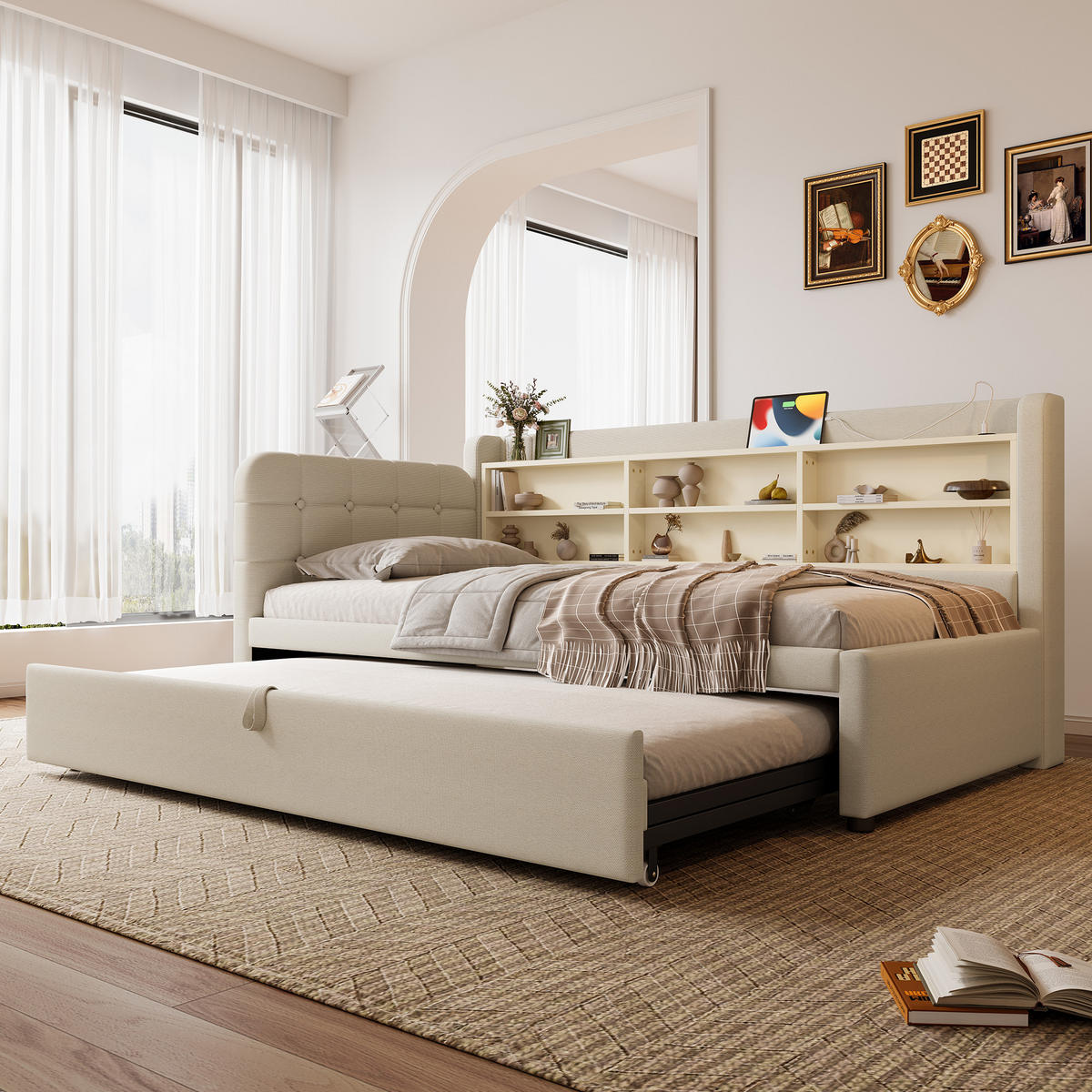 TAGEBETT 90x200cm + 180x200cm Beige Leinen Ausziehbett USB-C - Beige, Holz (180/200cm) - FLIEKS