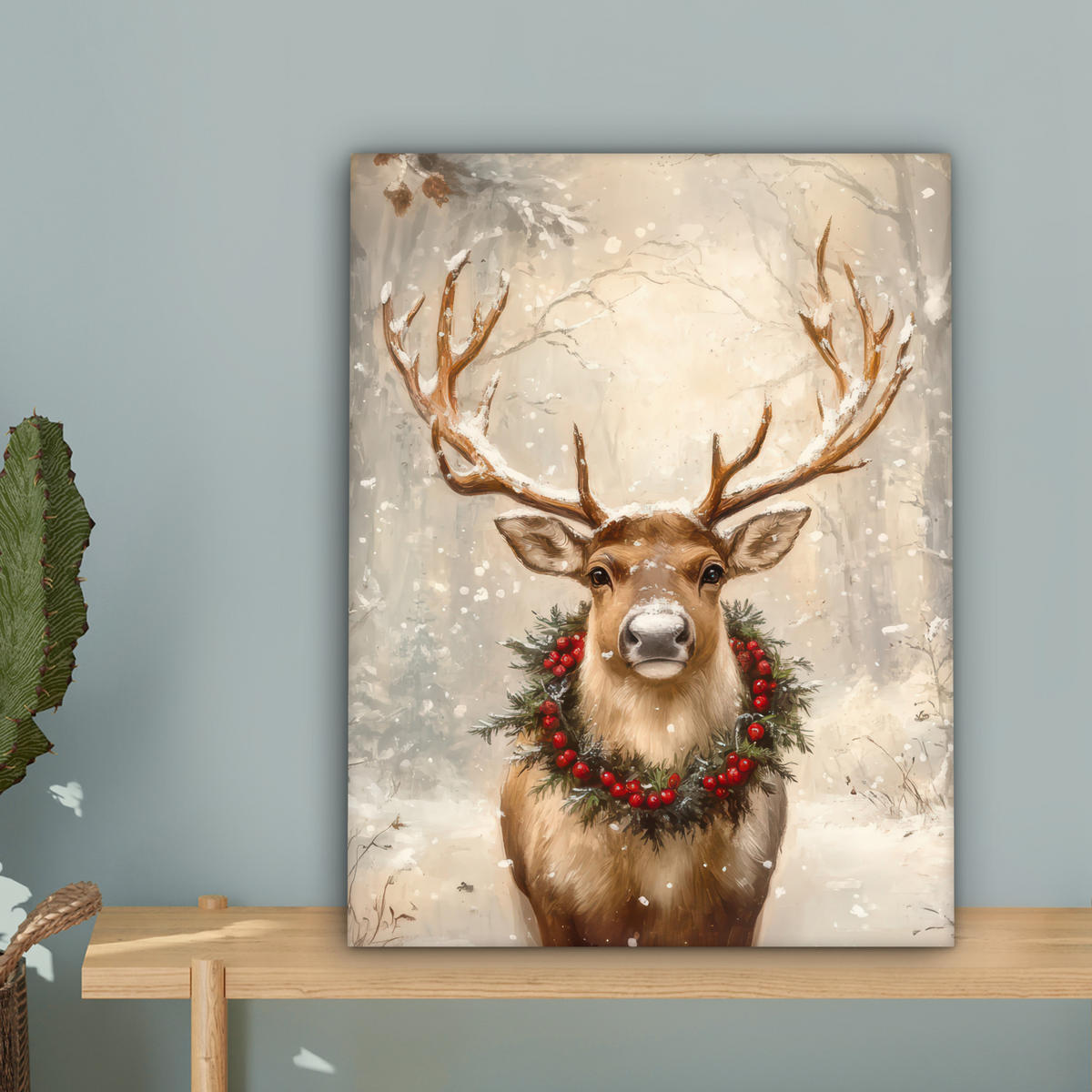 LEINWANDBILD Weihnachten - Rentier - Winter - Kranz 30x40 cm - Naturfarben, Textil (30/40cm) - MuchoWow