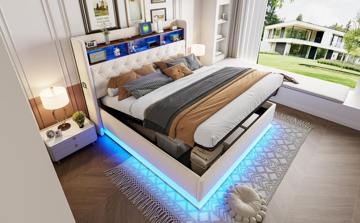 POLSTERBETT 180x200 cm LED USB Stauraum beige - Beige, Textil (180/200cm) - Fortuna Lai