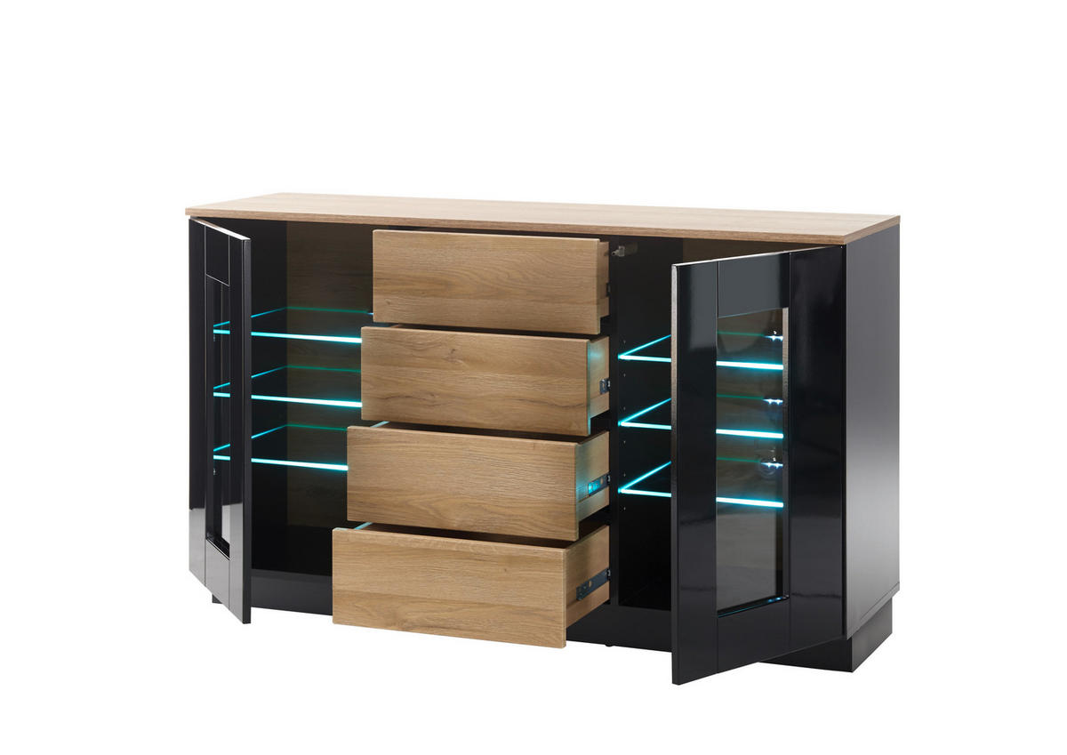 SIDEBOARD M14 Schwarz Hochglanz & Grandson Oak hell 136/85/43 cm schmal mit Glasausschnitt - Schwarz Hochglanz, Holzwerkstoff (136/85/43cm) - Livojo