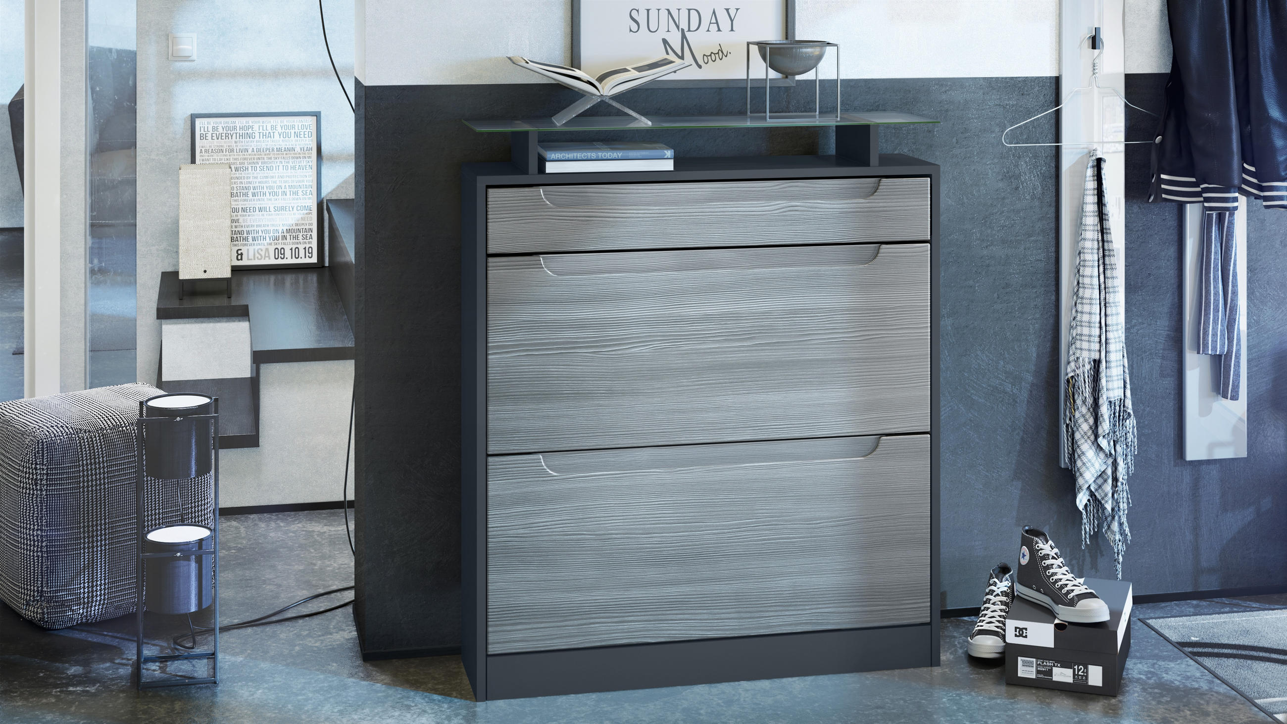 SCHUHSCHRANK Fiesta Fronten in Avola-Anthrazit, Griffmulden in Avola-Anthrazit - Anthrazit, Holzwerkstoff (89/104/23cm) - Vladon