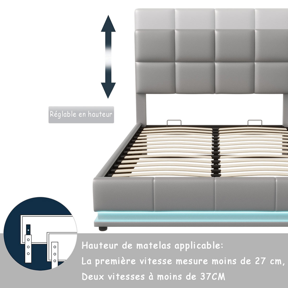 POLSTERBETT 140x200 cm LED Stauraum Lattenrost PU Kopfteil grau - Grau, Holz (140/200cm) - LEBENLANG