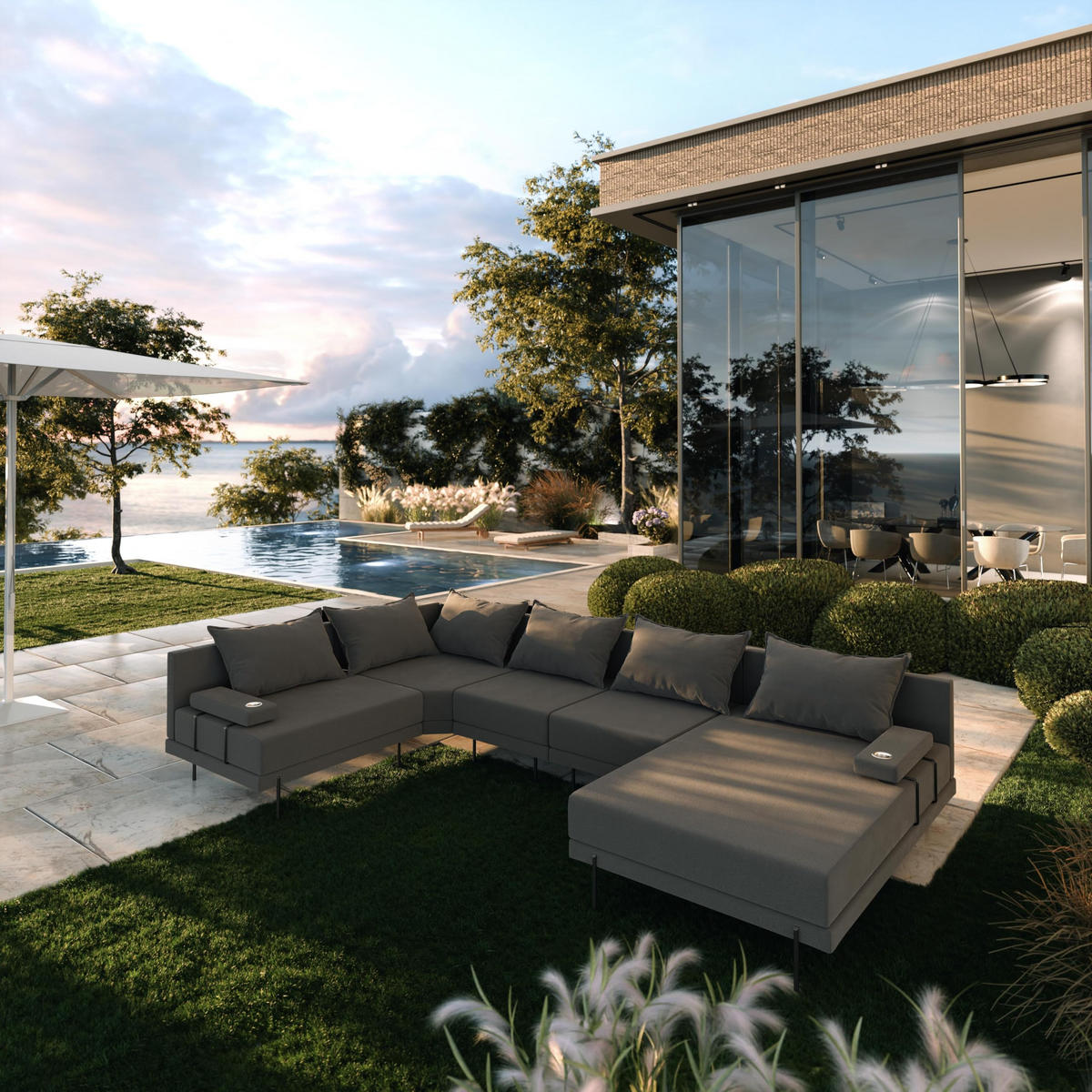 GARTENSOFA BAHAMA XL Links - Wetterfeste Balkonmöbel & Terrassenmöbel Außen - Moderne Lounge Möbel für Garten - Balkon & Terrasse - Dunkelgrau - Dunkelgrau, Kunststoff (370/75/222cm) - Trada