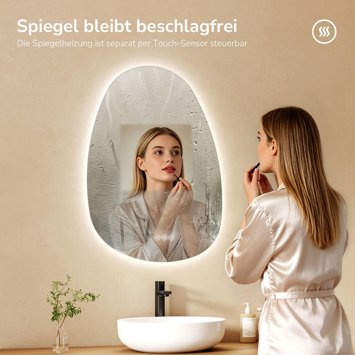 BADSPIEGEL asymmetrisch mit LED-Beleuchtung, Antibeschlag, 45/65 cm - Transparent, Glas (45/65/2.5cm) - EMKE