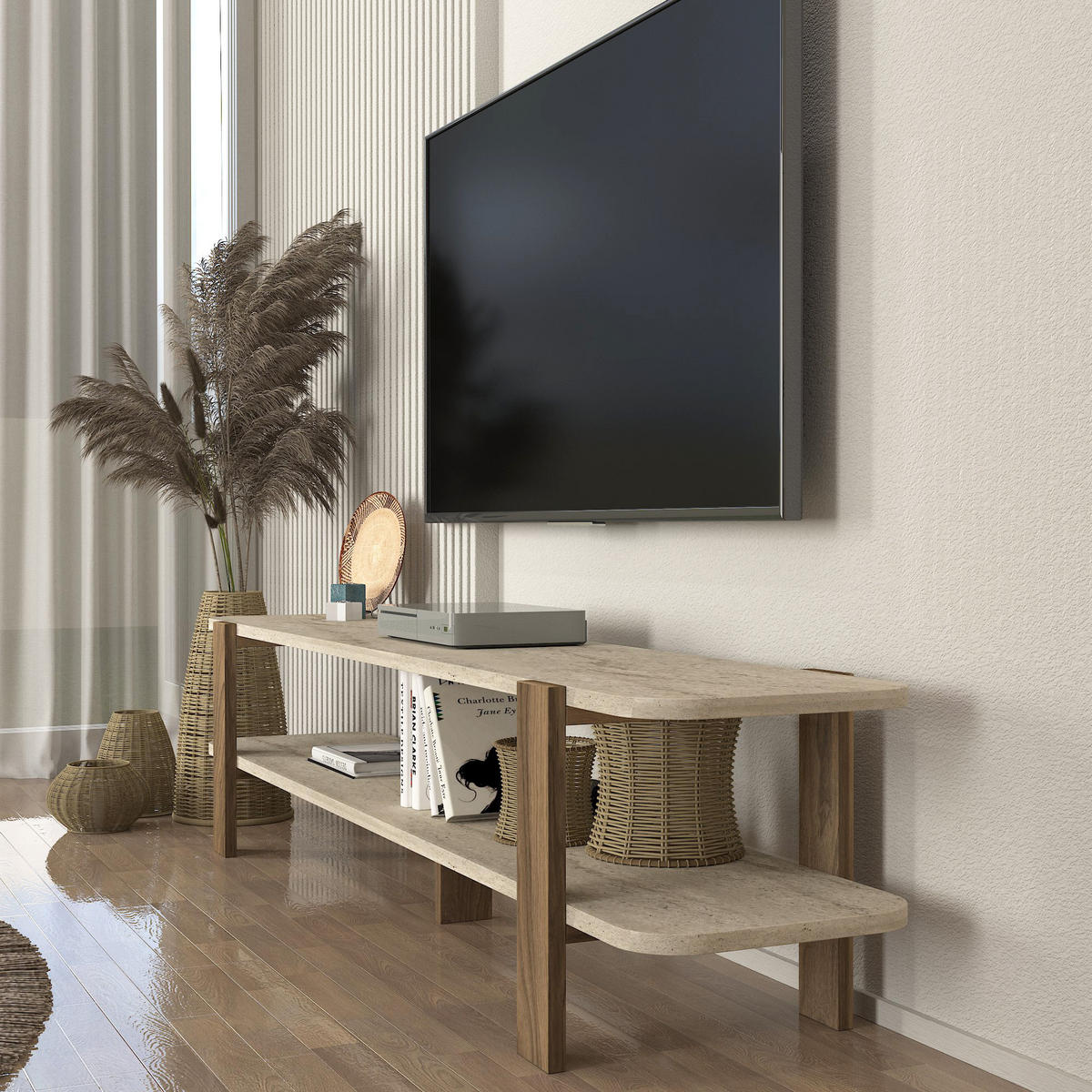 TV LOWBOARD Glam Granit Optik Travertin Braun - Beige/Braun, Holzwerkstoff (35/10/165cm) - moebel17