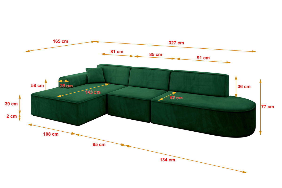 ROHOVÁ SEDAČKA s otomanem, levá IREA-L2-v3 327x165x77 Zelená Velur - černá/zelená barva, kompozitní dřevo/textil (328/171cm) - ALTDECOR